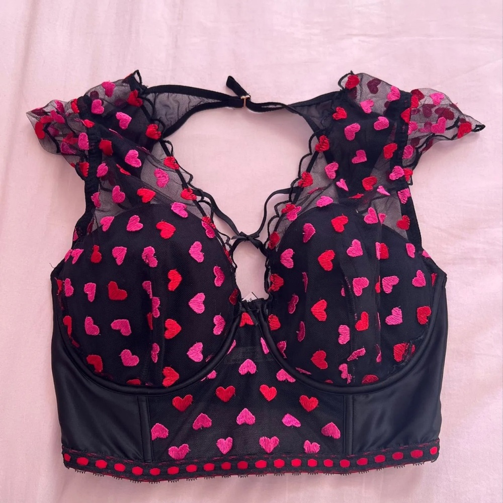 Victoria's Secret Black Longline Bralette with Red and Pink Heart Embroidery